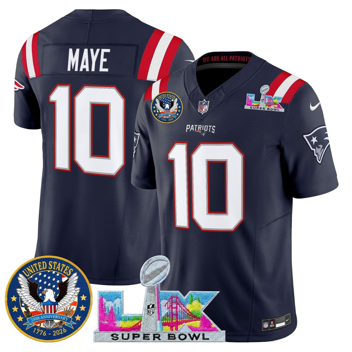 Men's New England Patriots "Super Bowl LX & United States 250th Patch" Vapor Limited Jersey - All Stitched
