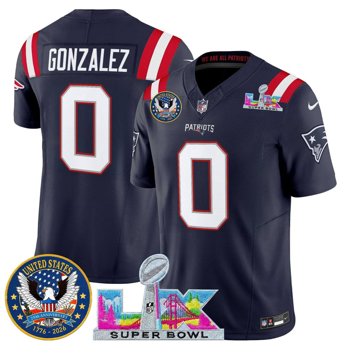 Men's New England Patriots "Super Bowl LX & United States 250th Patch" Vapor Limited Jersey - All Stitched