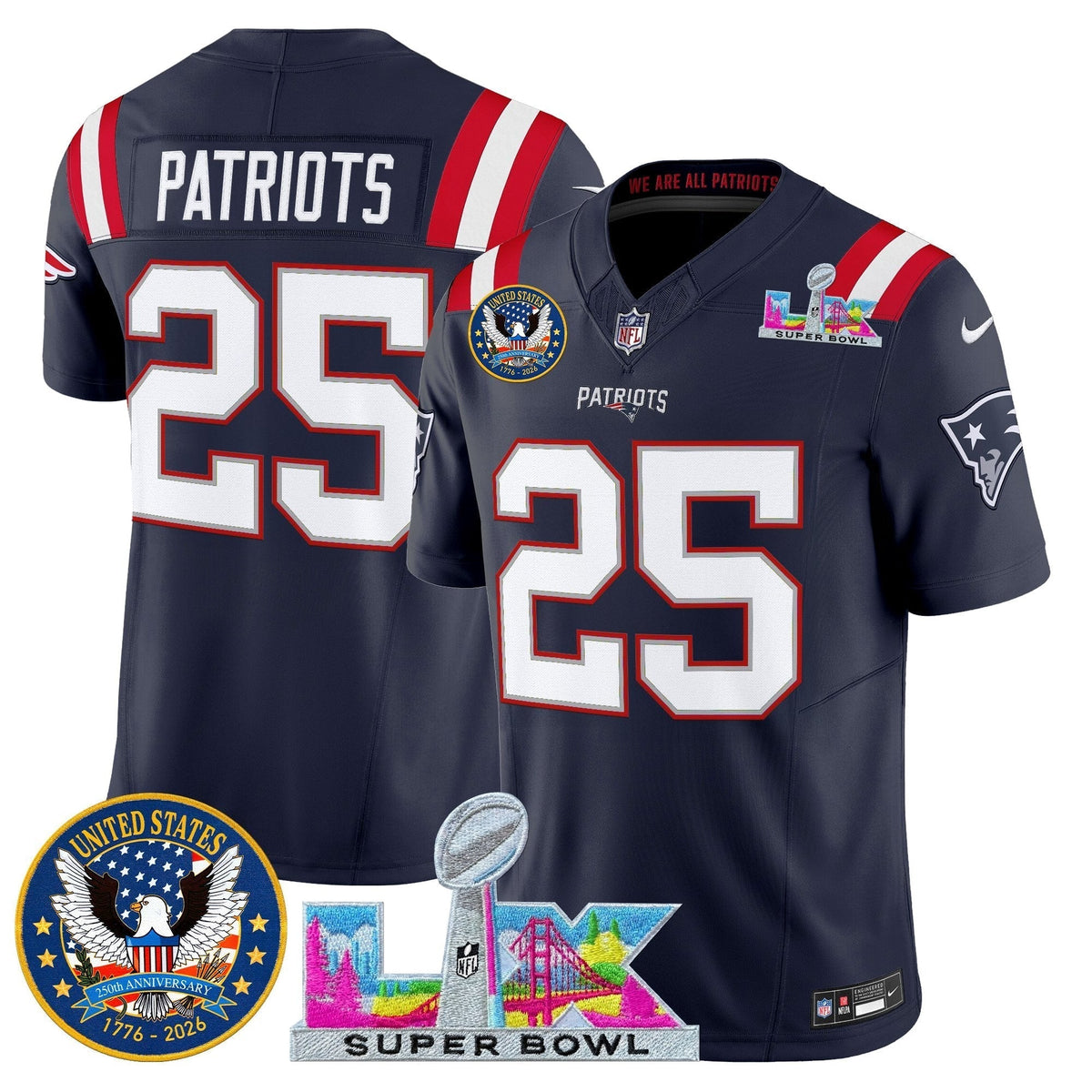 Men's New England Patriots "Super Bowl LX & United States 250th Patch" Vapor Limited Jersey - All Stitched