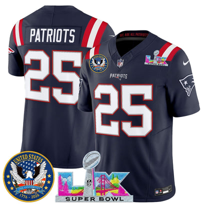Men's New England Patriots "Super Bowl LX & United States 250th Patch" Vapor Limited Jersey - All Stitched