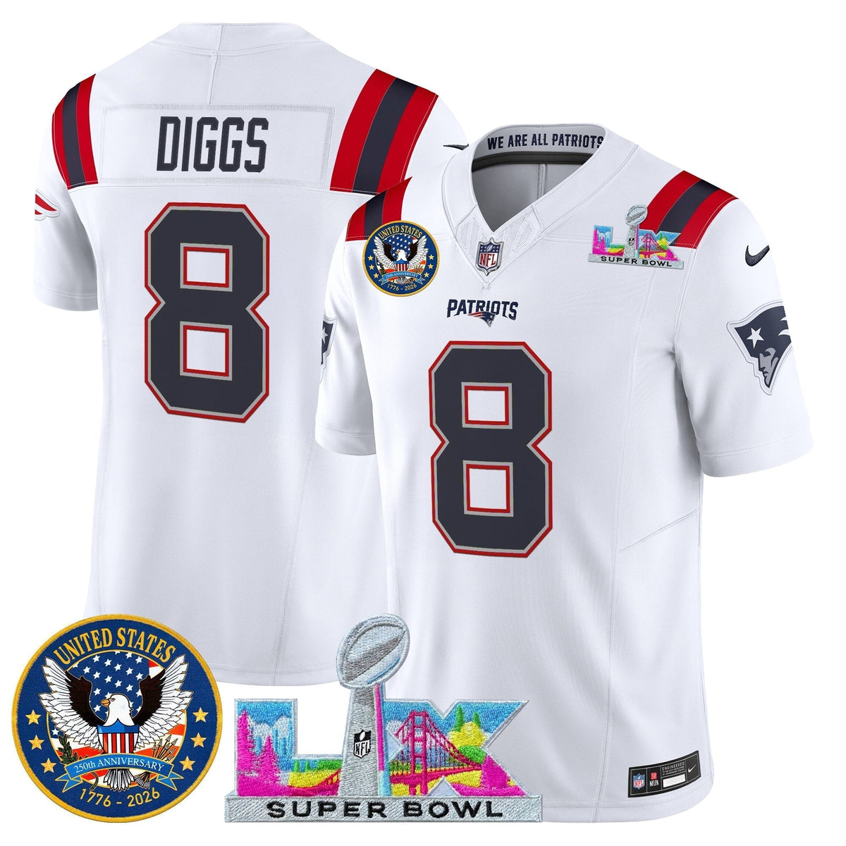 Men's New England Patriots "Super Bowl LX & United States 250th Patch" Vapor Limited Jersey - All Stitched