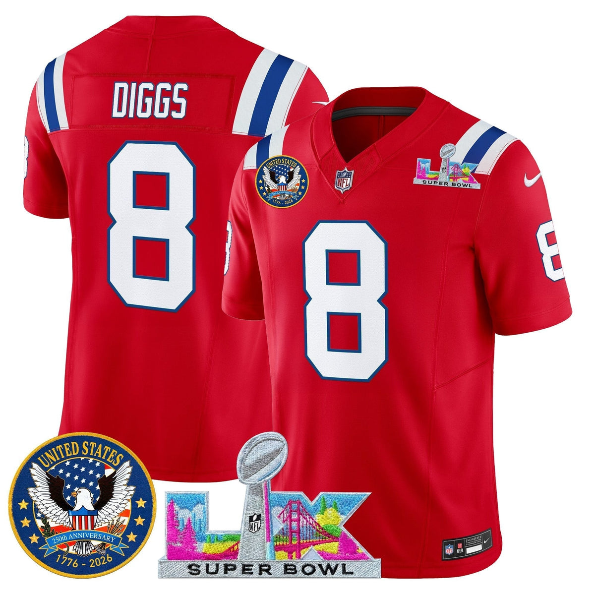 Men's New England Patriots "Super Bowl LX & United States 250th Patch" Vapor Limited Jersey - All Stitched
