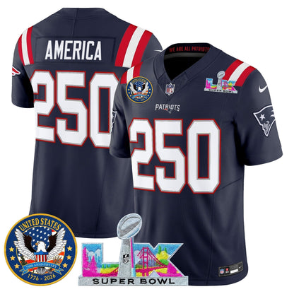 Men's New England Patriots "Super Bowl LX & United States 250th Patch" Vapor Limited Jersey - All Stitched