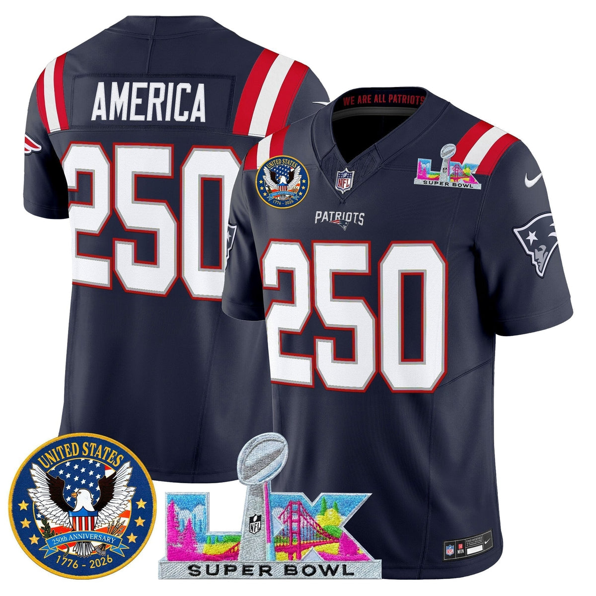 Men's New England Patriots "Super Bowl LX & United States 250th Patch" Vapor Limited Jersey - All Stitched
