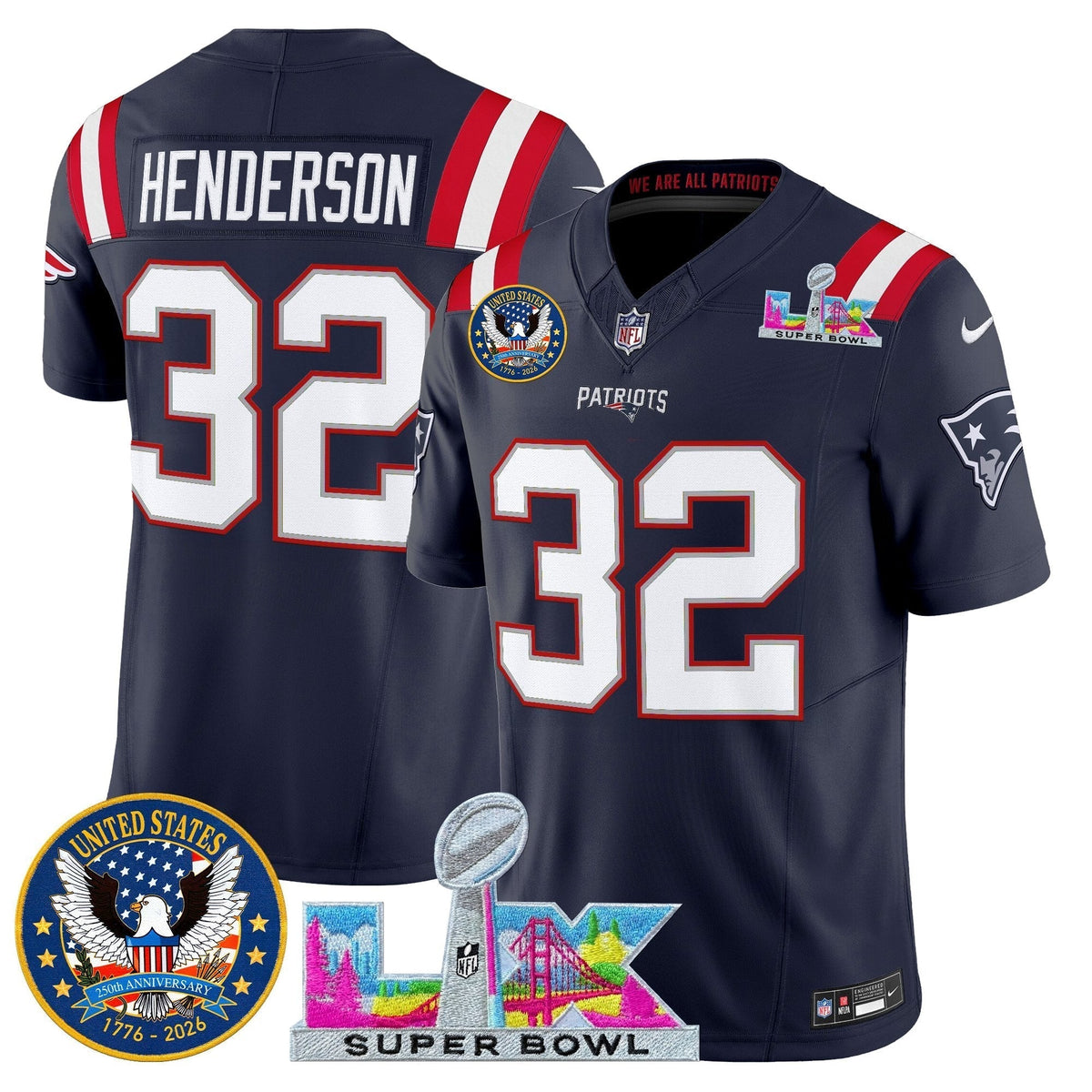 Men's New England Patriots "Super Bowl LX & United States 250th Patch" Vapor Limited Jersey - All Stitched