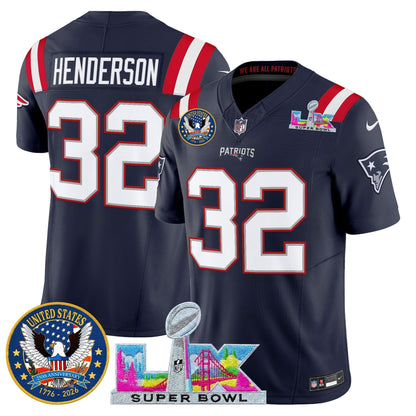 Men's New England Patriots "Super Bowl LX & United States 250th Patch" Vapor Limited Jersey - All Stitched