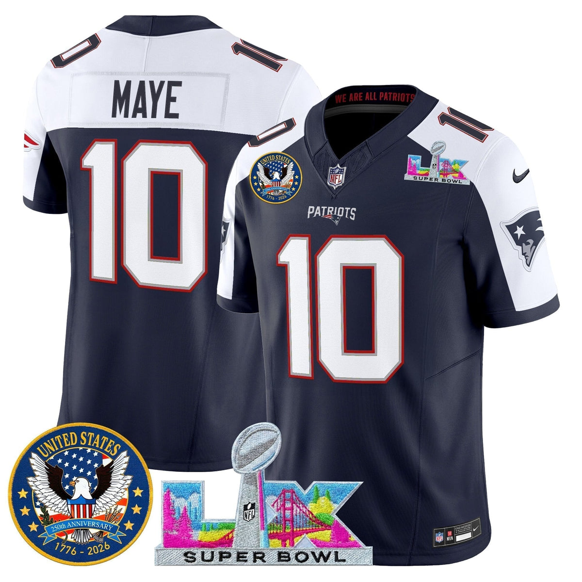 Men's New England Patriots "Super Bowl LX & United States 250th Patch" Vapor Limited Jersey - All Stitched