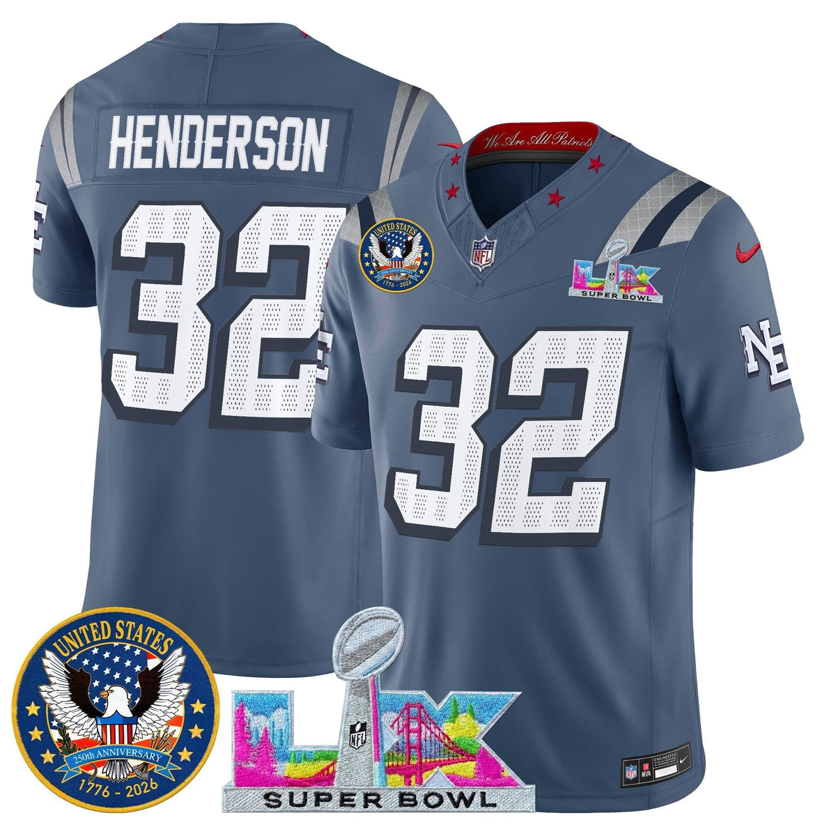 Men's New England Patriots "Super Bowl LX & United States 250th Patch" Vapor Limited Jersey - All Stitched