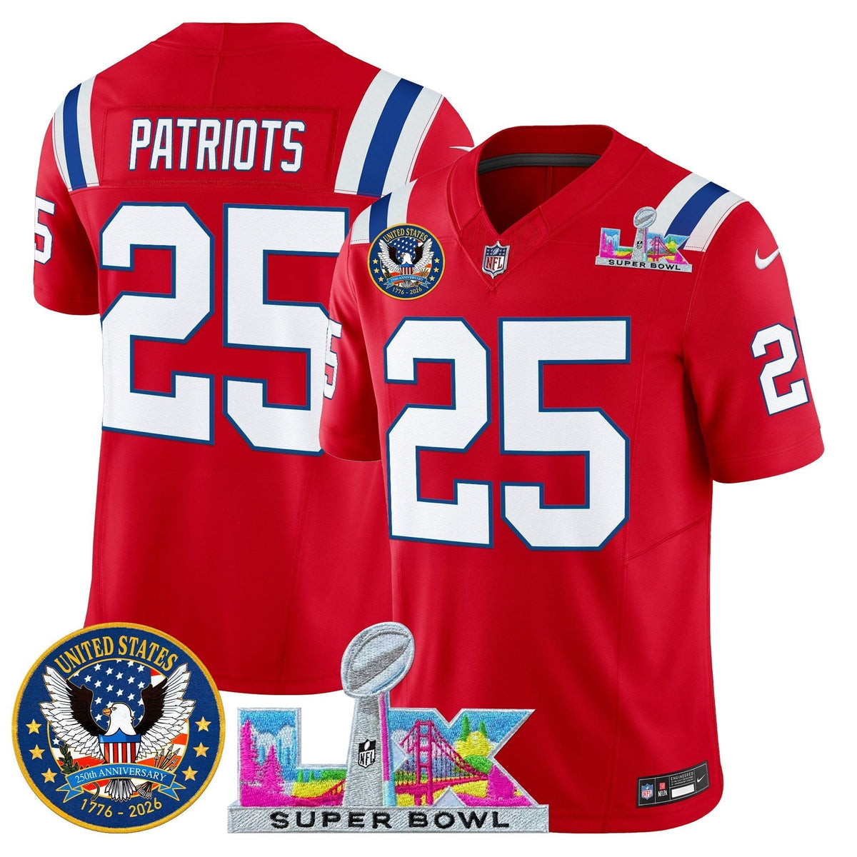 Men's New England Patriots "Super Bowl LX & United States 250th Patch" Vapor Limited Jersey - All Stitched