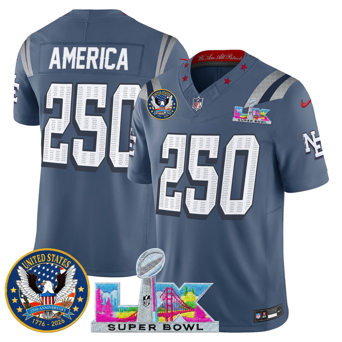 Men's New England Patriots "Super Bowl LX & United States 250th Patch" Vapor Limited Jersey - All Stitched