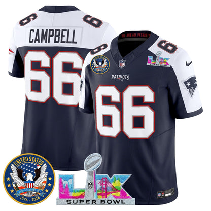 Men's New England Patriots "Super Bowl LX & United States 250th Patch" Vapor Limited Jersey - All Stitched