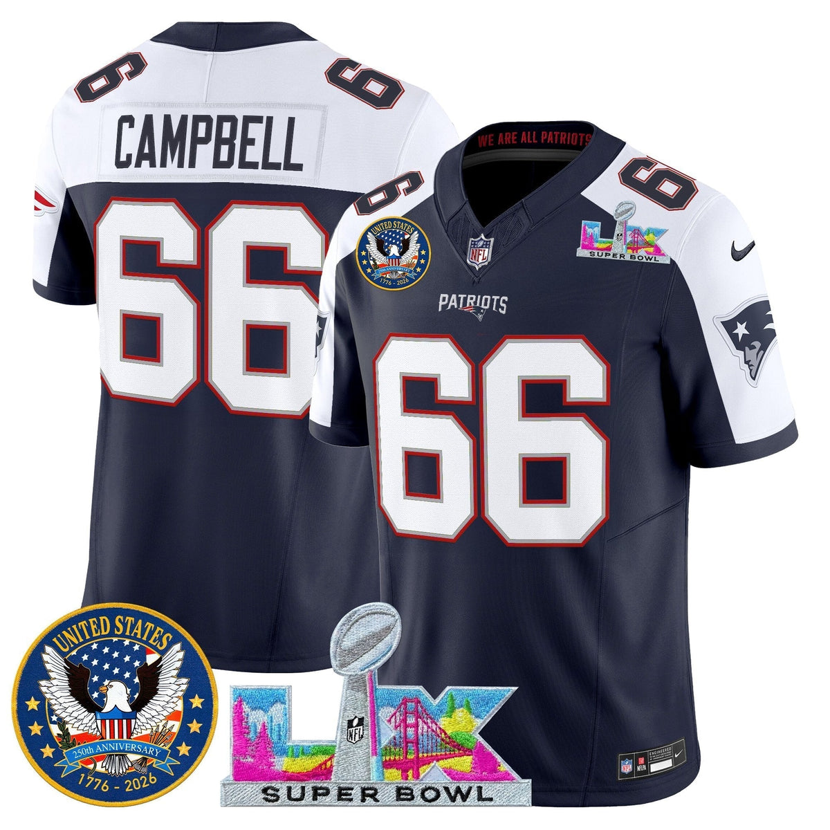 Men's New England Patriots "Super Bowl LX & United States 250th Patch" Vapor Limited Jersey - All Stitched