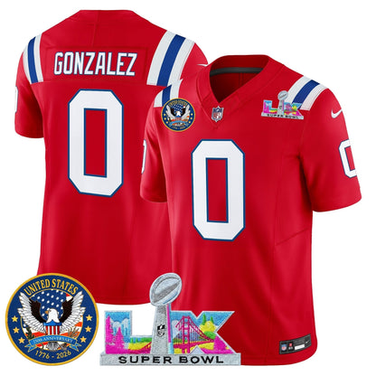 Men's New England Patriots "Super Bowl LX & United States 250th Patch" Vapor Limited Jersey - All Stitched