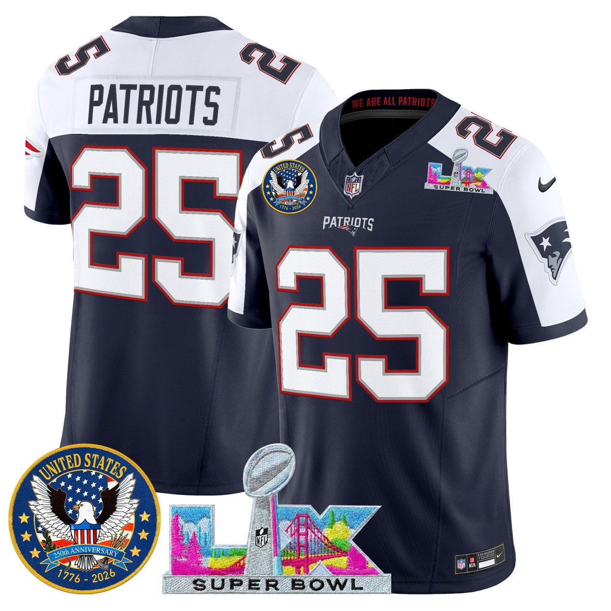 Men's New England Patriots "Super Bowl LX & United States 250th Patch" Vapor Limited Jersey - All Stitched