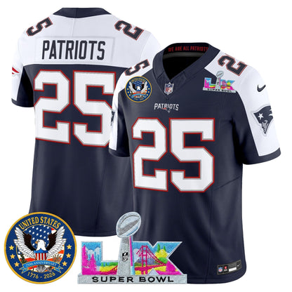 Men's New England Patriots "Super Bowl LX & United States 250th Patch" Vapor Limited Jersey - All Stitched