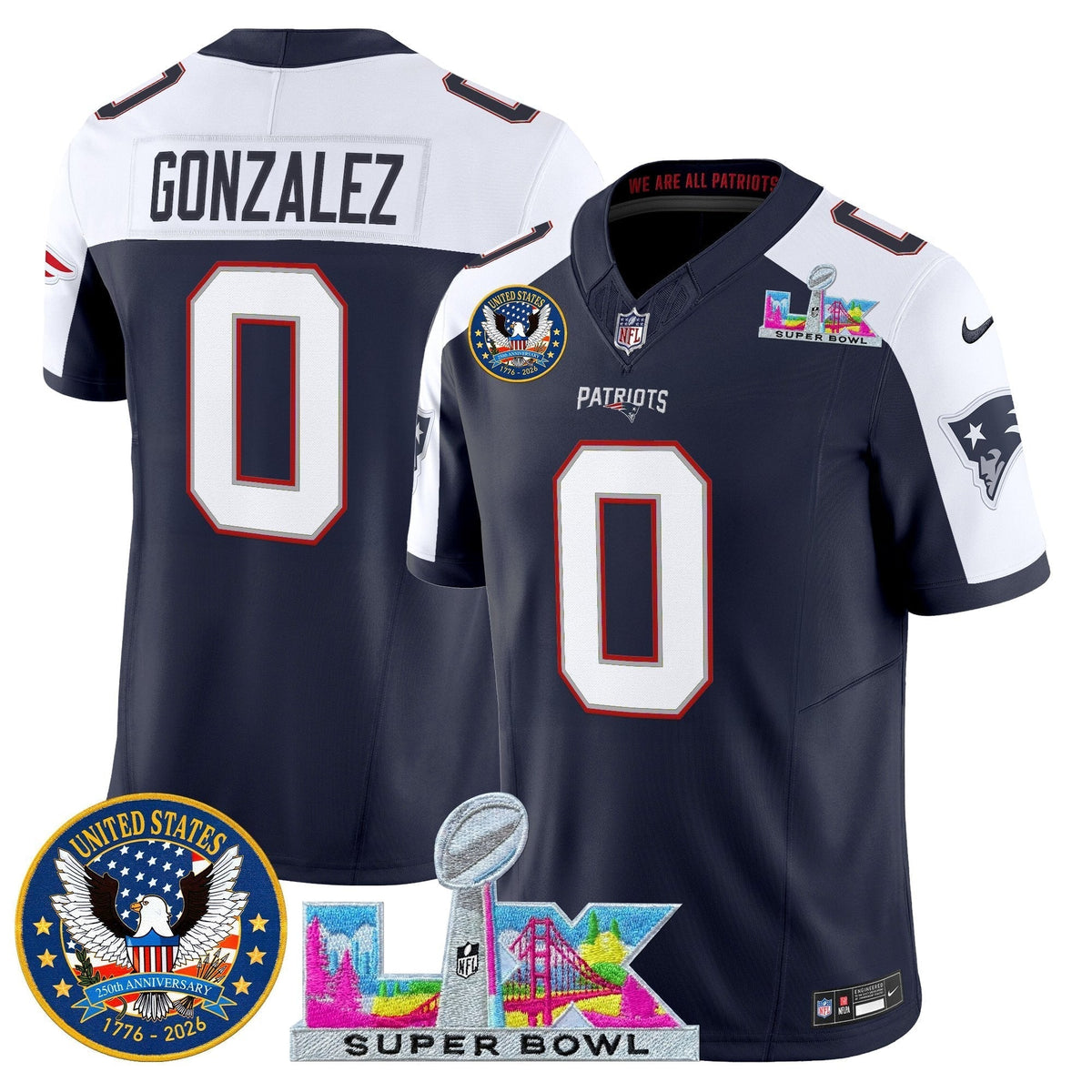 Men's New England Patriots "Super Bowl LX & United States 250th Patch" Vapor Limited Jersey - All Stitched
