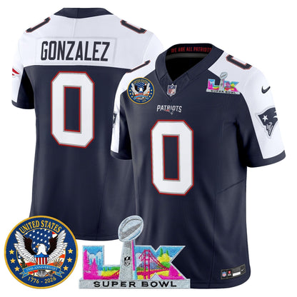 Men's New England Patriots "Super Bowl LX & United States 250th Patch" Vapor Limited Jersey - All Stitched