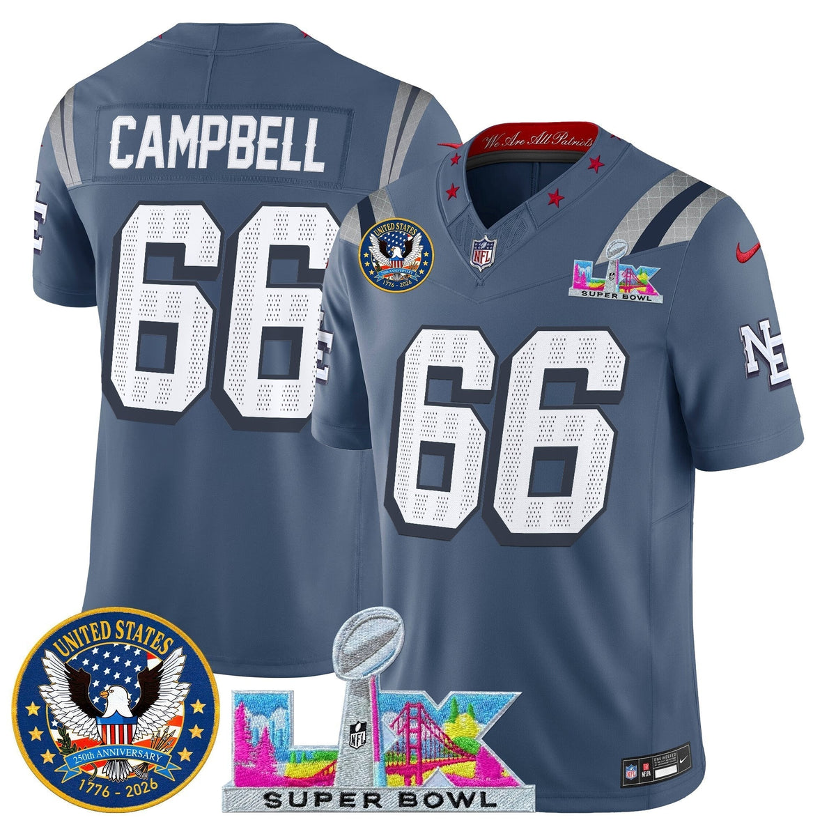 Men's New England Patriots "Super Bowl LX & United States 250th Patch" Vapor Limited Jersey - All Stitched