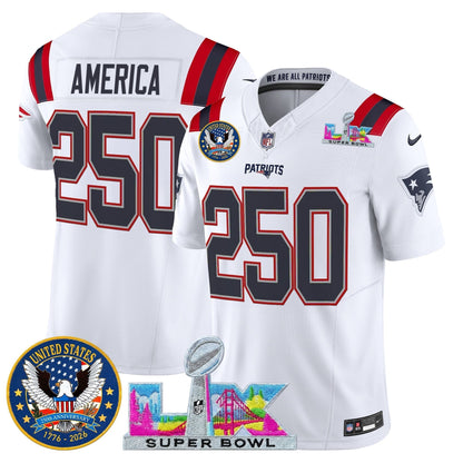 Men's New England Patriots "Super Bowl LX & United States 250th Patch" Vapor Limited Jersey - All Stitched