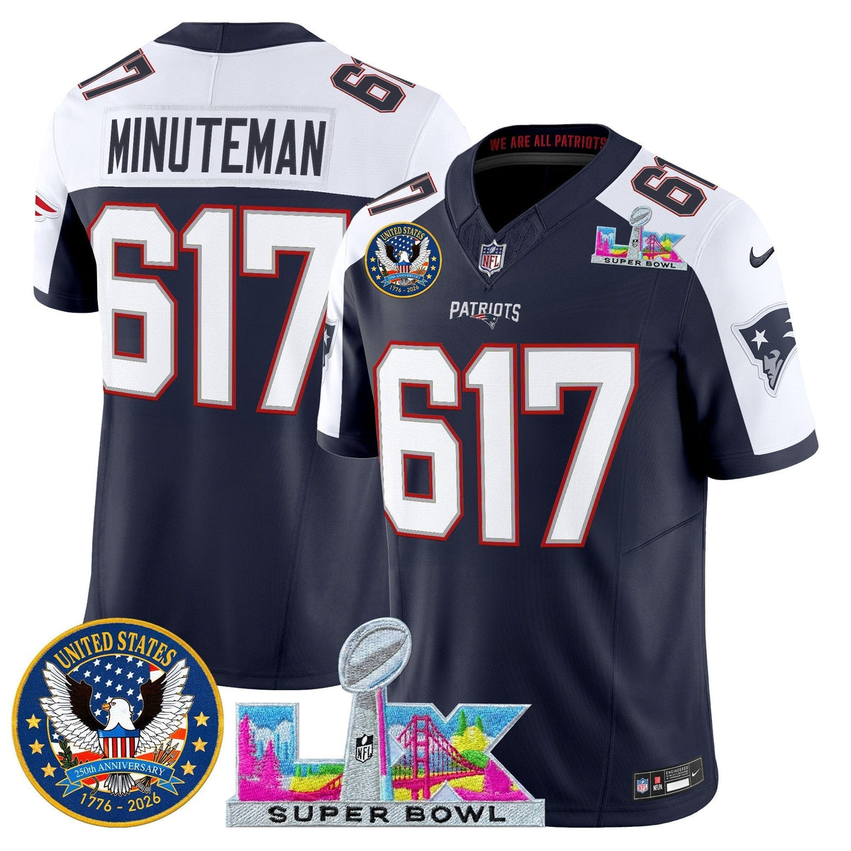 Men's New England Patriots "Super Bowl LX & United States 250th Patch" Vapor Limited Jersey - All Stitched