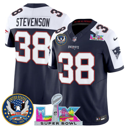 Men's New England Patriots "Super Bowl LX & United States 250th Patch" Vapor Limited Jersey - All Stitched