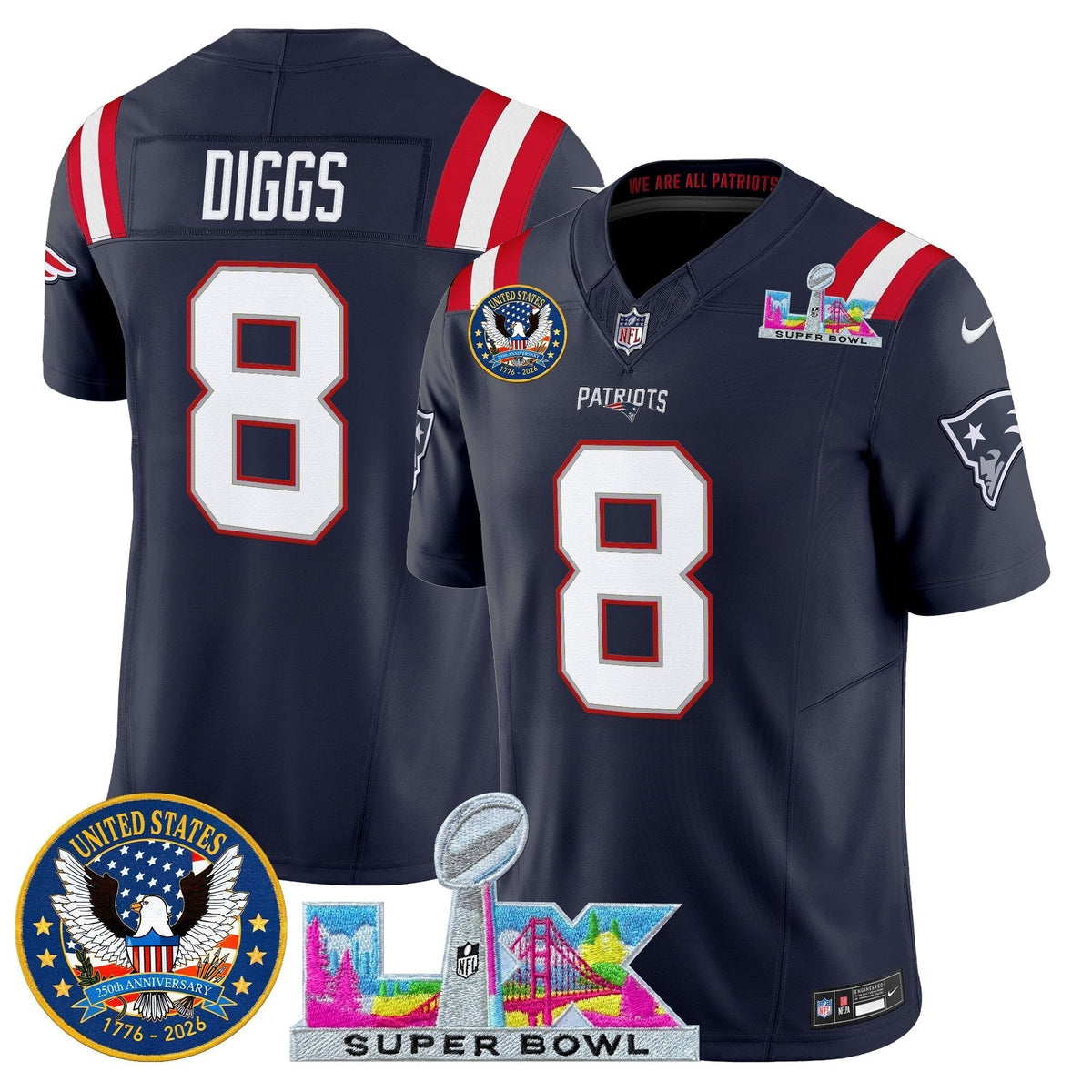 Men's New England Patriots "Super Bowl LX & United States 250th Patch" Vapor Limited Jersey - All Stitched