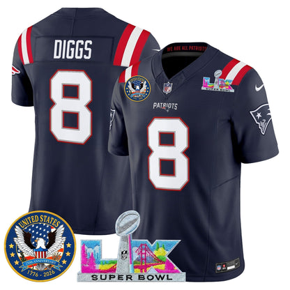 Men's New England Patriots "Super Bowl LX & United States 250th Patch" Vapor Limited Jersey - All Stitched