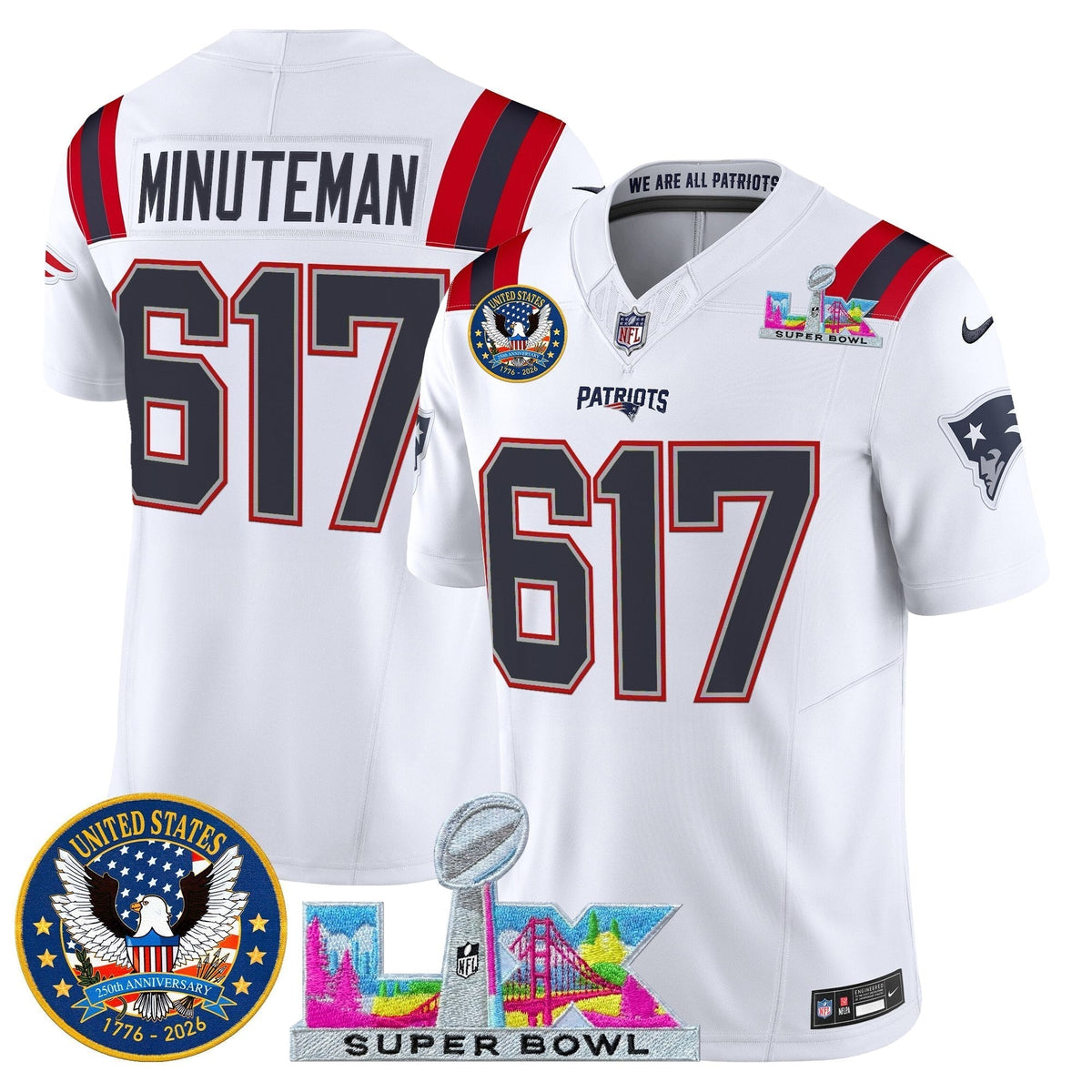 Men's New England Patriots "Super Bowl LX & United States 250th Patch" Vapor Limited Jersey - All Stitched