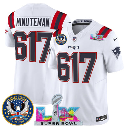 Men's New England Patriots "Super Bowl LX & United States 250th Patch" Vapor Limited Jersey - All Stitched