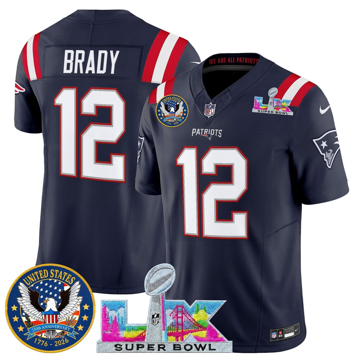 Men's New England Patriots "Super Bowl LX & United States 250th Patch" Vapor Limited Jersey - All Stitched