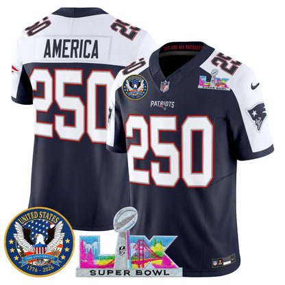 Men's New England Patriots "Super Bowl LX & United States 250th Patch" Vapor Limited Jersey - All Stitched