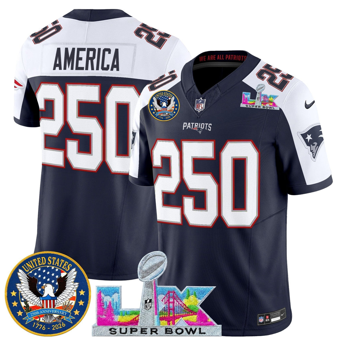 Men's New England Patriots "Super Bowl LX & United States 250th Patch" Vapor Limited Jersey - All Stitched