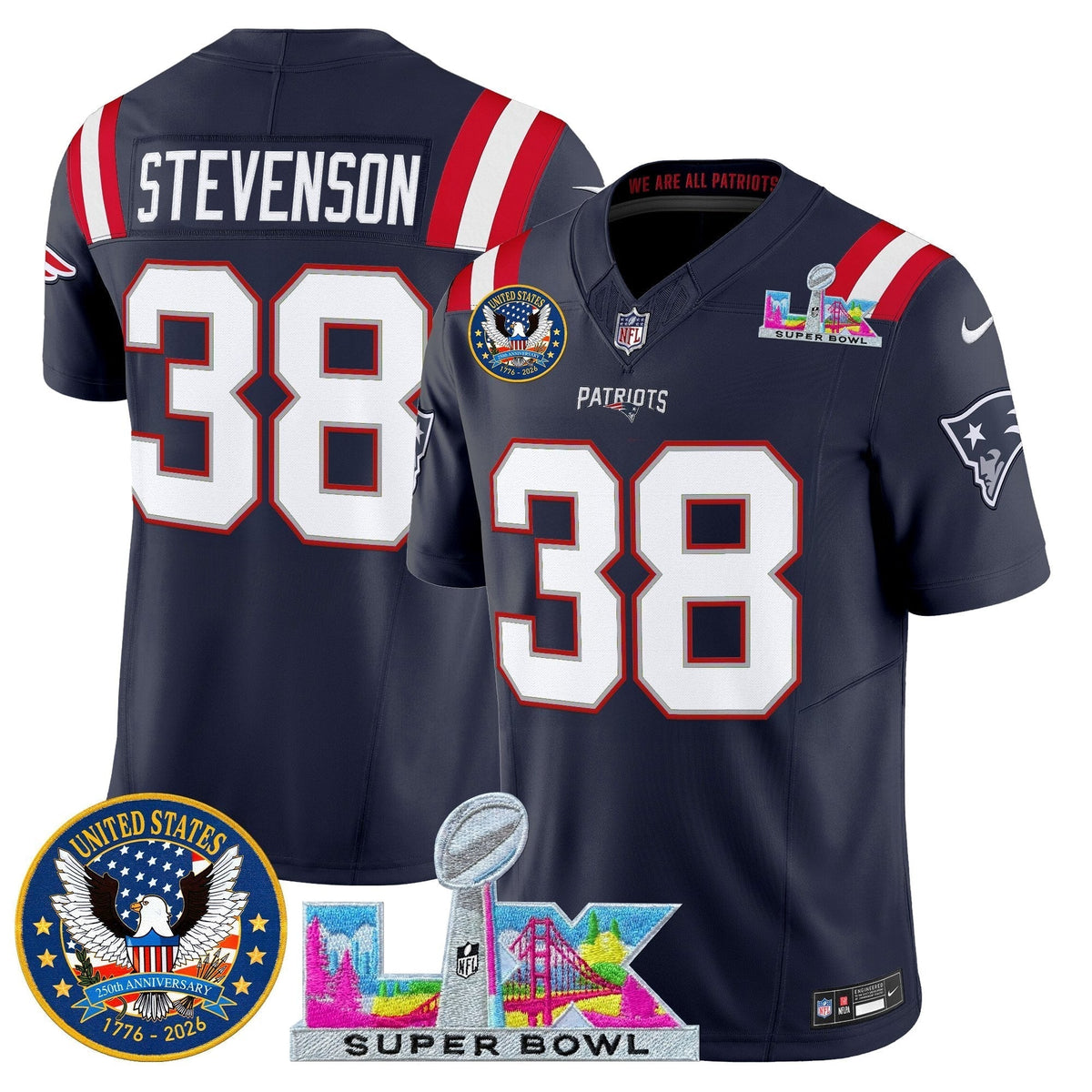 Men's New England Patriots "Super Bowl LX & United States 250th Patch" Vapor Limited Jersey - All Stitched