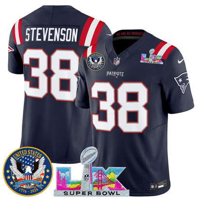 Men's New England Patriots "Super Bowl LX & United States 250th Patch" Vapor Limited Jersey - All Stitched
