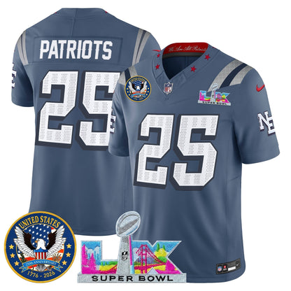 Men's New England Patriots "Super Bowl LX & United States 250th Patch" Vapor Limited Jersey - All Stitched
