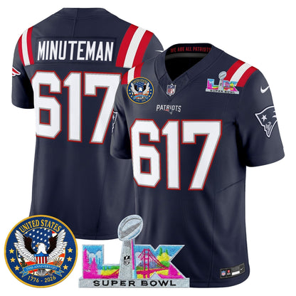 Men's New England Patriots "Super Bowl LX & United States 250th Patch" Vapor Limited Jersey - All Stitched