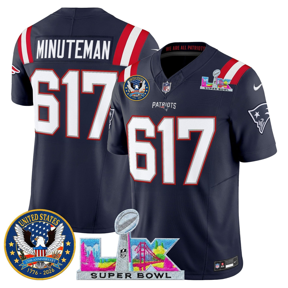 Men's New England Patriots "Super Bowl LX & United States 250th Patch" Vapor Limited Jersey - All Stitched