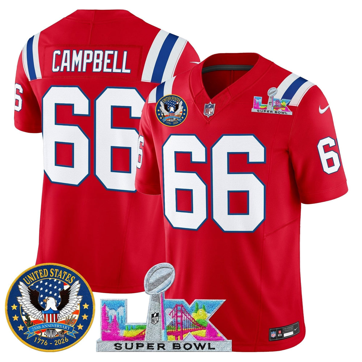 Men's New England Patriots "Super Bowl LX & United States 250th Patch" Vapor Limited Jersey - All Stitched