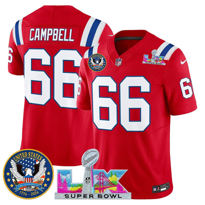 Men's New England Patriots "Super Bowl LX & United States 250th Patch" Vapor Limited Jersey - All Stitched