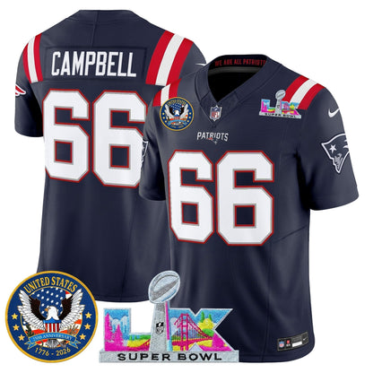 Men's New England Patriots "Super Bowl LX & United States 250th Patch" Vapor Limited Jersey - All Stitched