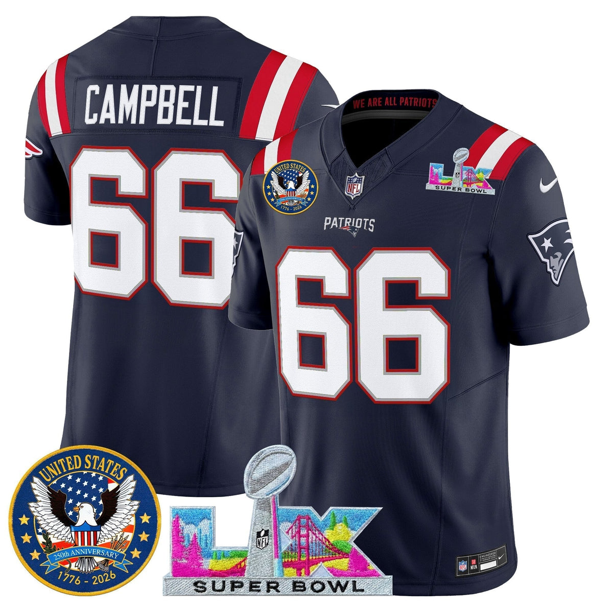 Men's New England Patriots "Super Bowl LX & United States 250th Patch" Vapor Limited Jersey - All Stitched