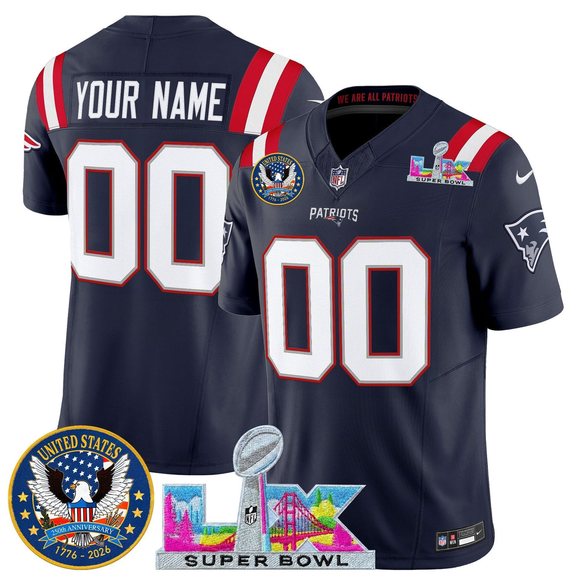 New England Patriots "Super Bowl LX & United States 250th Patch" Vapor Limited Custom Jersey - All Stitched