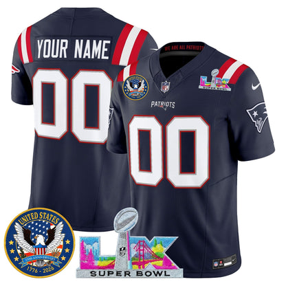 New England Patriots "Super Bowl LX & United States 250th Patch" Vapor Limited Custom Jersey - All Stitched