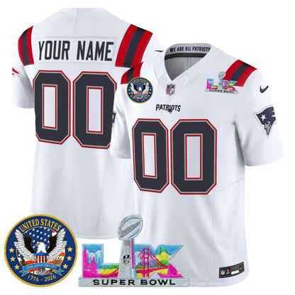 New England Patriots "Super Bowl LX & United States 250th Patch" Vapor Limited Custom Jersey - All Stitched