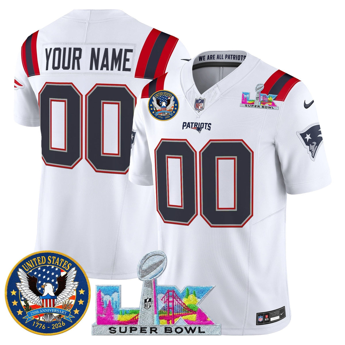 New England Patriots "Super Bowl LX & United States 250th Patch" Vapor Limited Custom Jersey - All Stitched