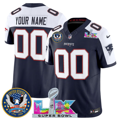 New England Patriots "Super Bowl LX & United States 250th Patch" Vapor Limited Custom Jersey - All Stitched