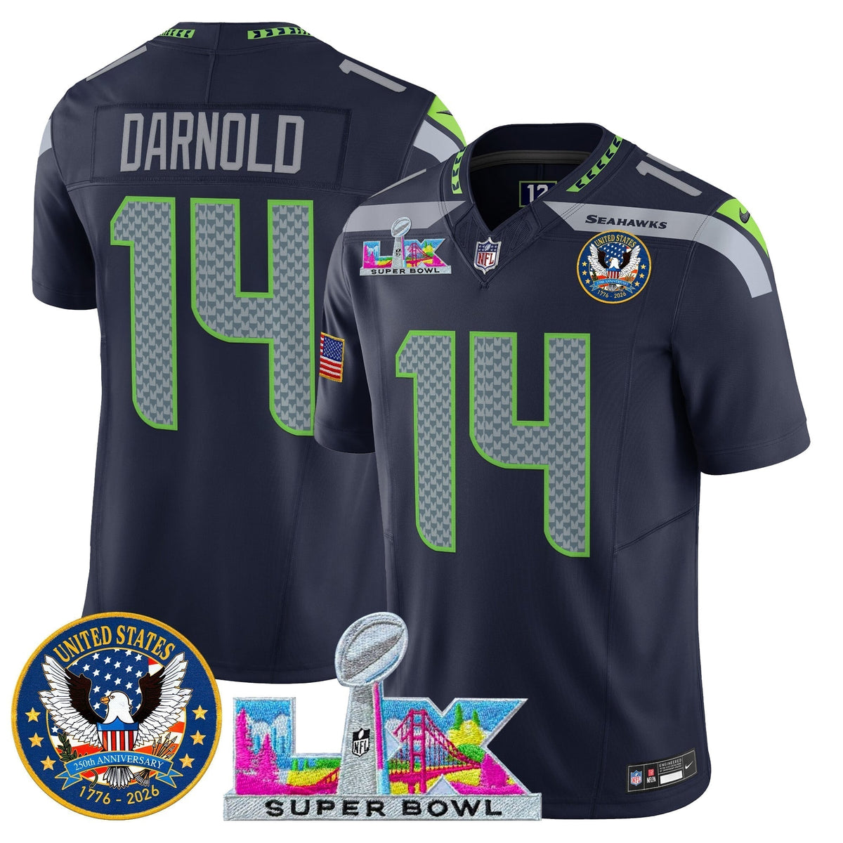 Men's Seattle Seahawks "Super Bowl LX & United States 250th Patch" Vapor Limited Jersey - All Stitched
