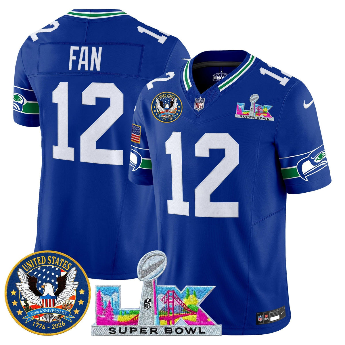Men's Seattle Seahawks "Super Bowl LX & United States 250th Patch" Vapor Limited Jersey - All Stitched