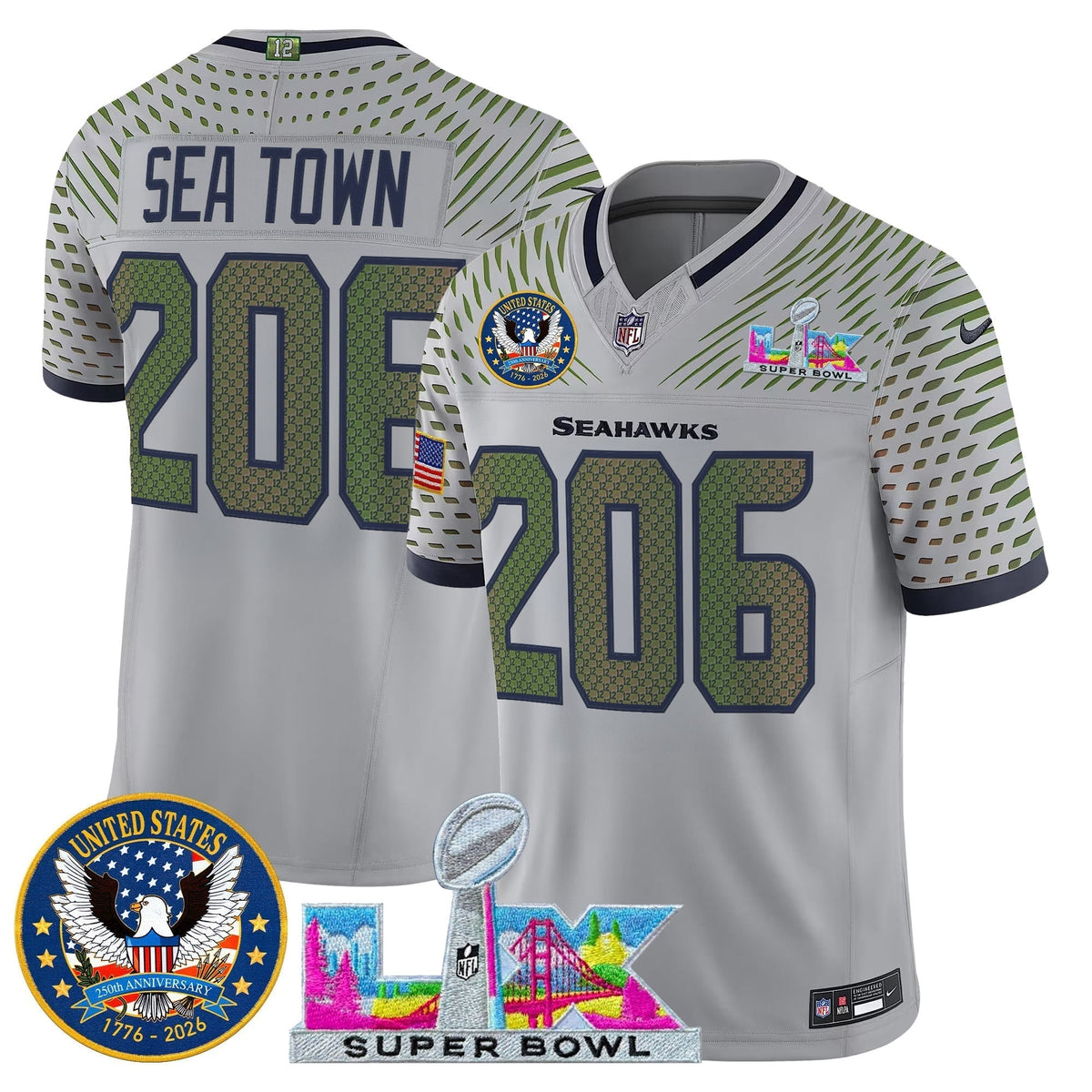 Men's Seattle Seahawks "Super Bowl LX & United States 250th Patch" Vapor Limited Jersey - All Stitched