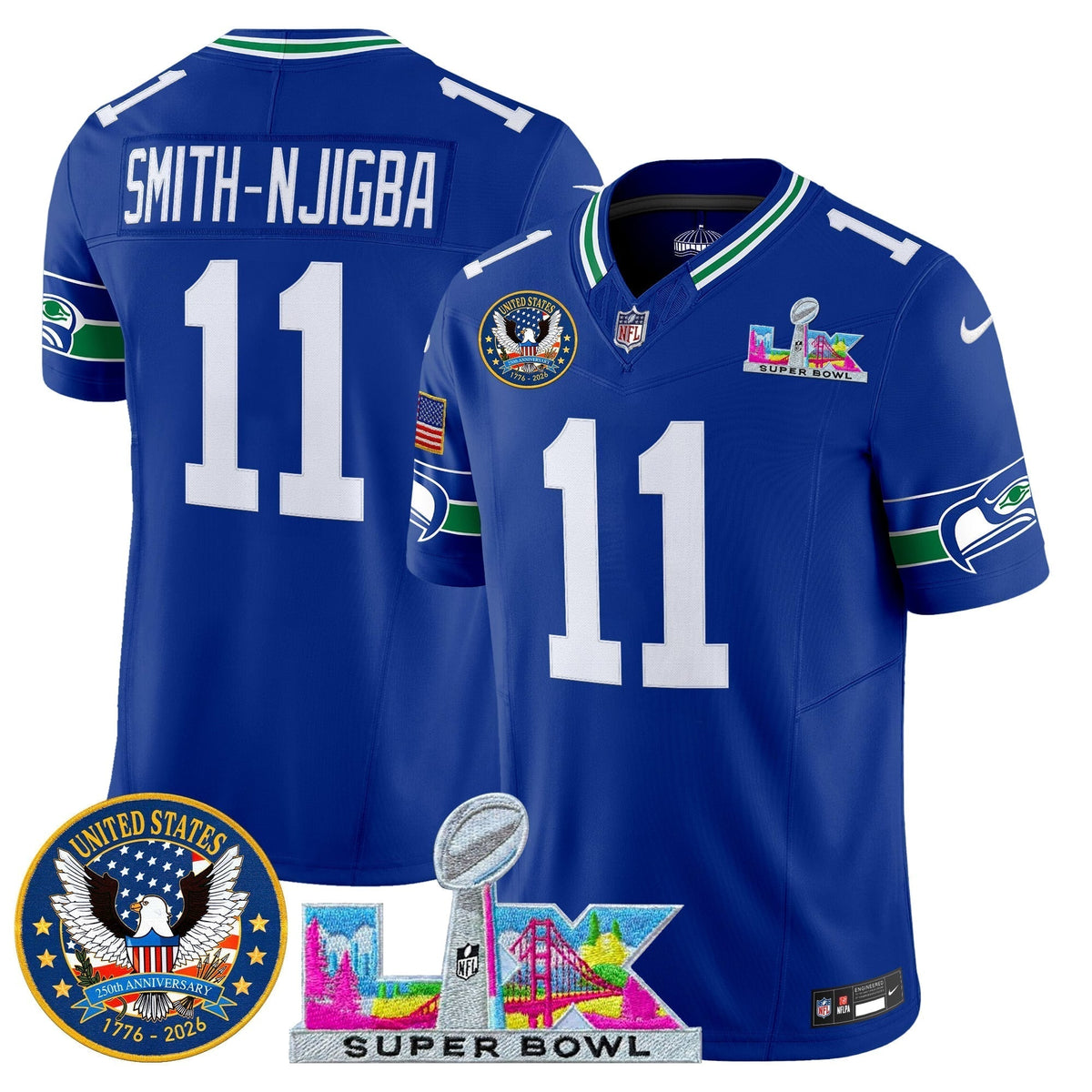 Men's Seattle Seahawks "Super Bowl LX & United States 250th Patch" Vapor Limited Jersey - All Stitched